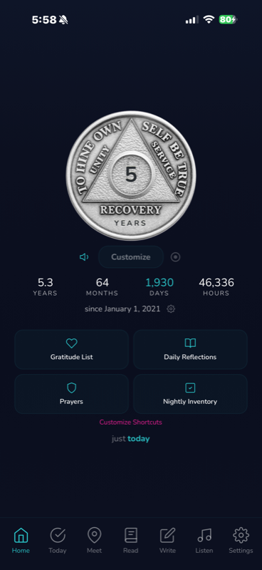 AA Just Today Home screen with sobriety counter